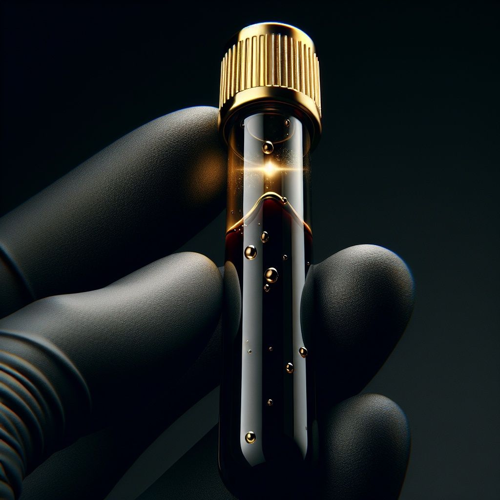 A person wearing black gloves is holding a test tube with a gold cap