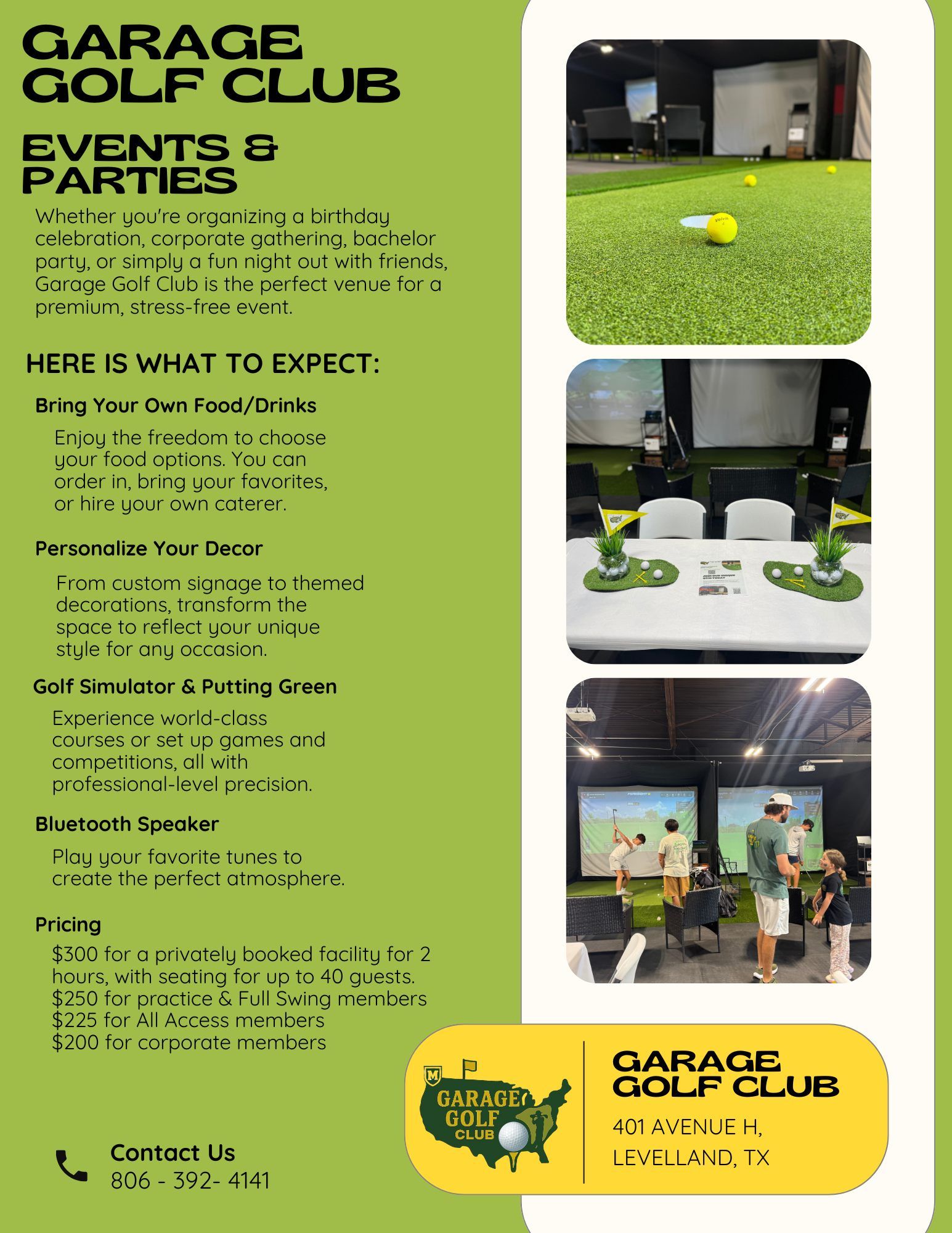 Flyer for Garage Golf Club events and parties, with photos of golf simulator setup and amenities.