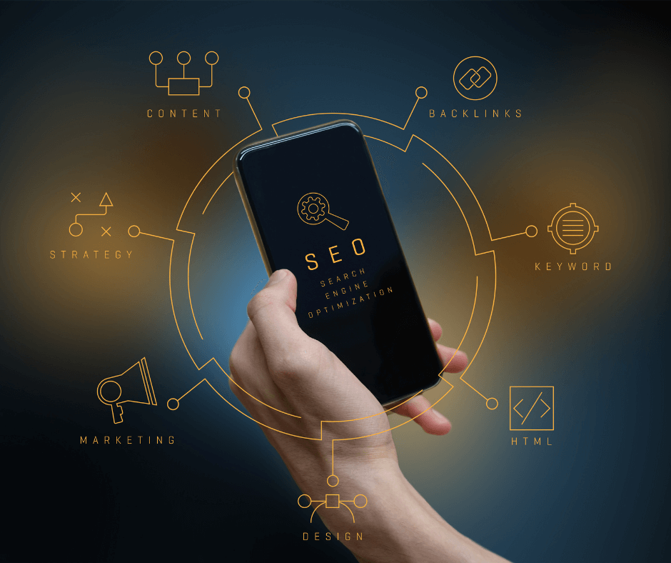 Hand holding smartphone with SEO icons, digital marketing concept.