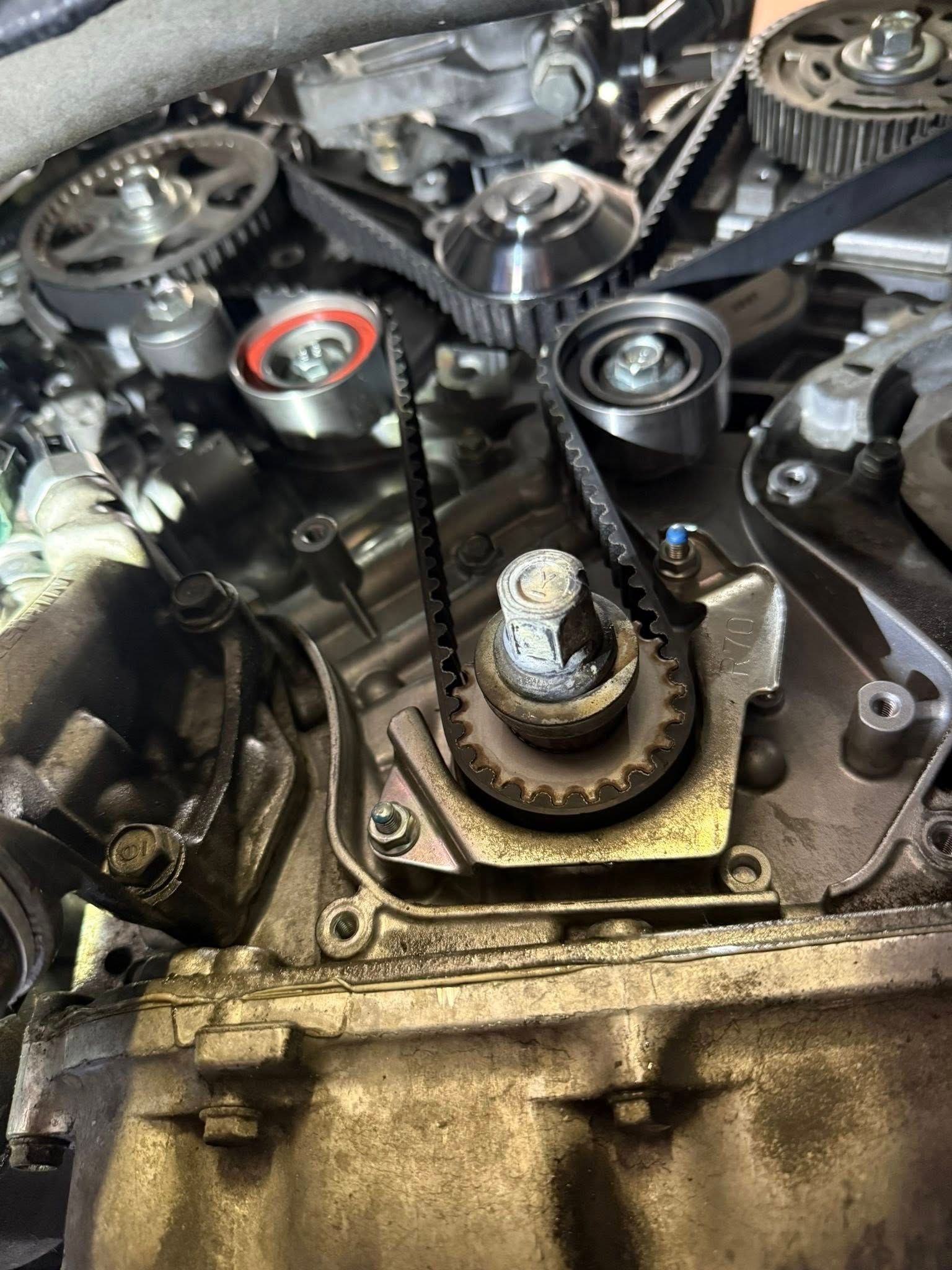 Close-up of a vehicle engine’s timing belt system with gears, pulleys, and a tensioner exposed during maintenance.