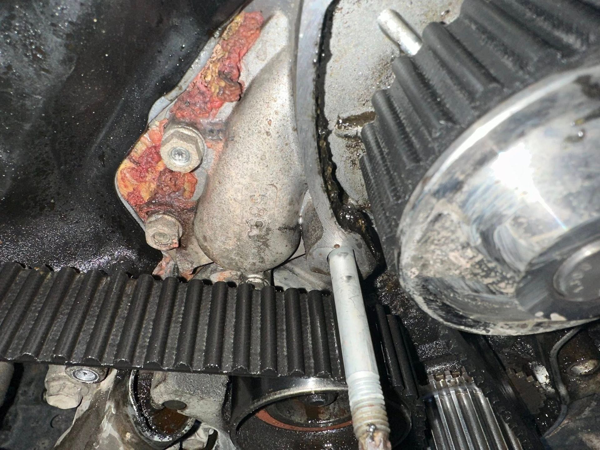Close-up of a vehicle engine showing a timing belt, a metal gear, and surrounding components with signs of corrosion.