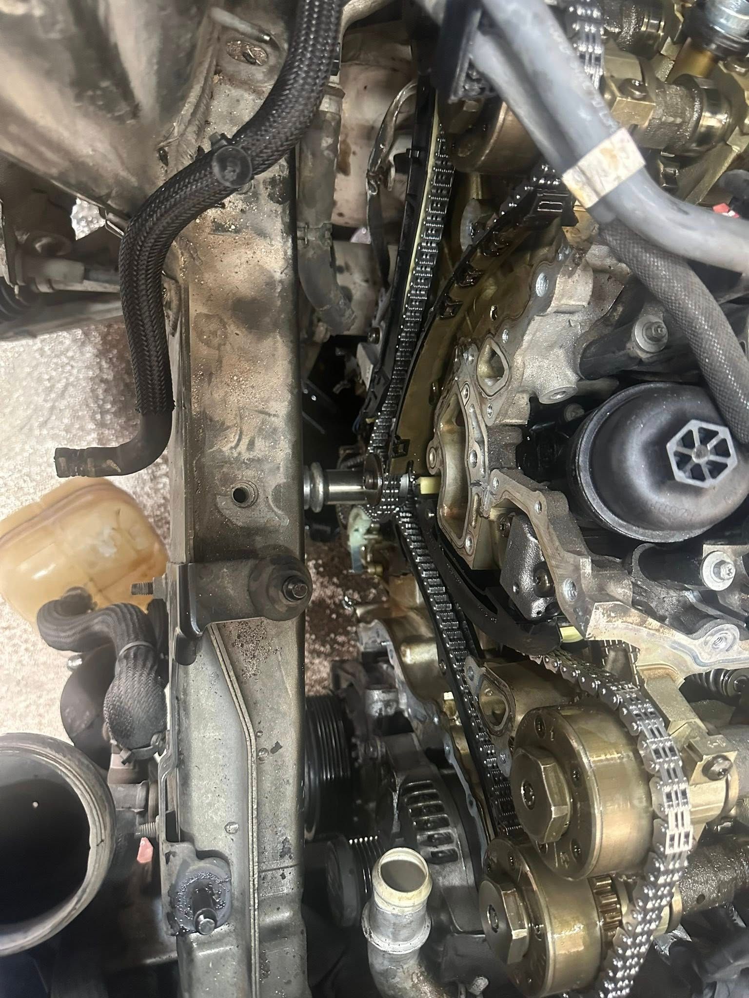 An overhead, close-up view of a disassembled car engine, focusing on the metal timing chain and gears inside the housing.