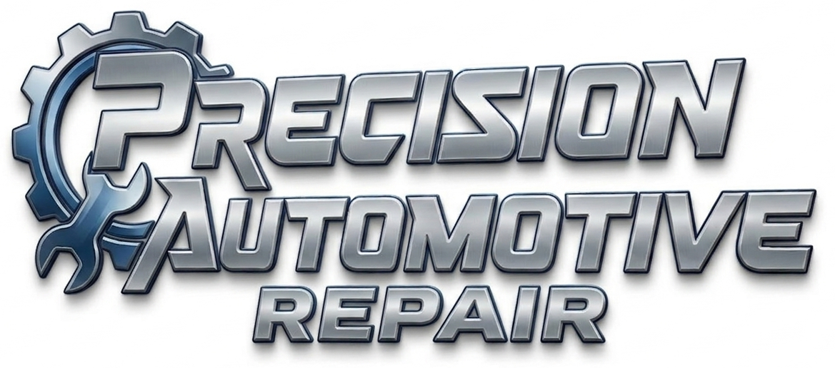 Logo for "Precision Automotive Repair" featuring metallic text, a gear, and a wrench.