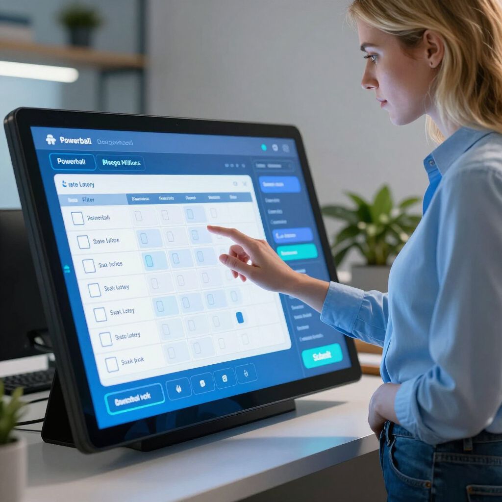 Woman using a touch screen, pointing at selections. Office setting.