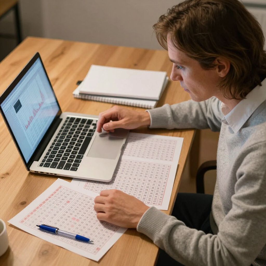 Man using a laptop, reviewing paperwork at a wooden desk, indoors.