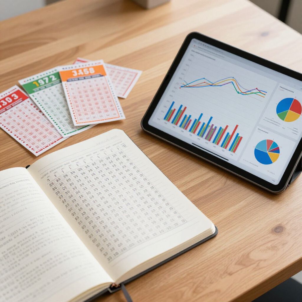 Notebook, tablet, and data cards on a wooden desk showing financial data and charts.