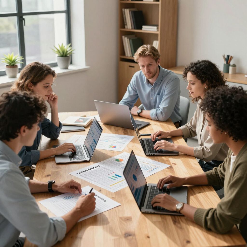 Five people at a wooden table in an office, working on laptops and reviewing charts.