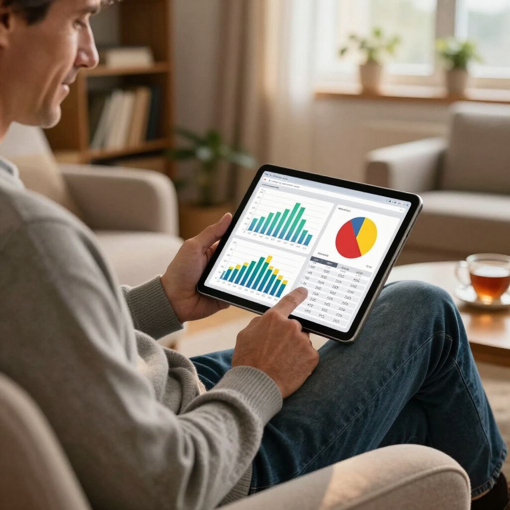 Man seated, holding tablet displaying financial charts and data analysis.