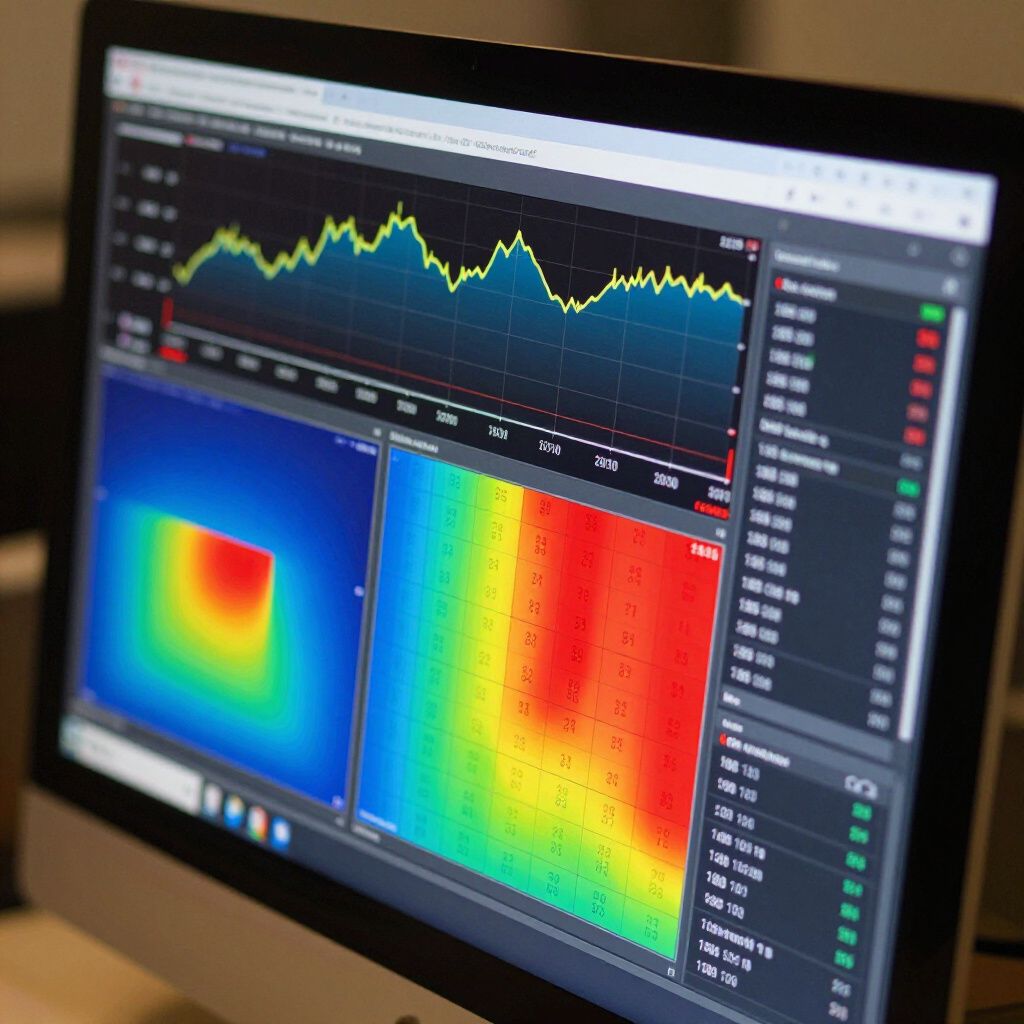 Computer monitor displaying stock market graph and heatmaps with color gradients.