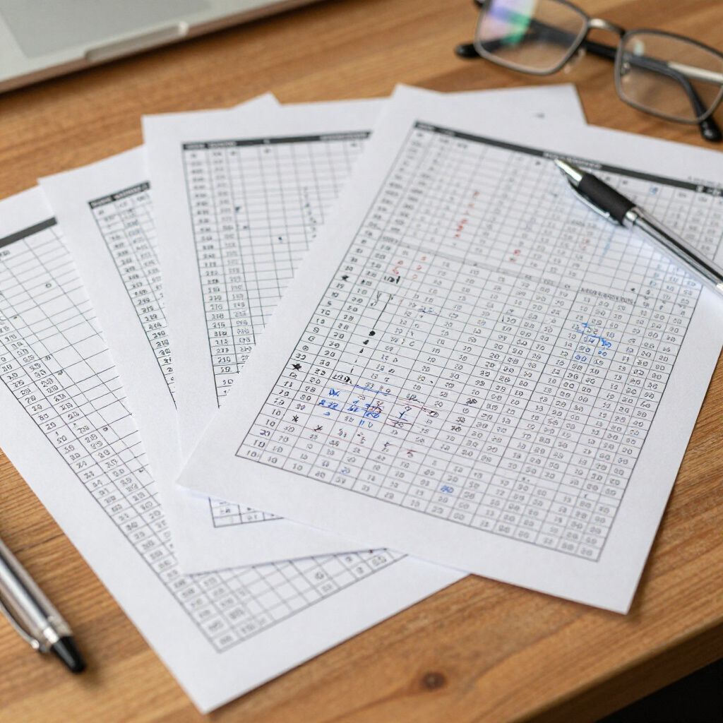 Papers with handwritten entries and a pen on a wooden desk with glasses.