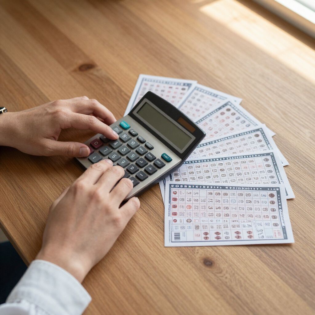 Person using calculator, with papers featuring charts on a wooden table.