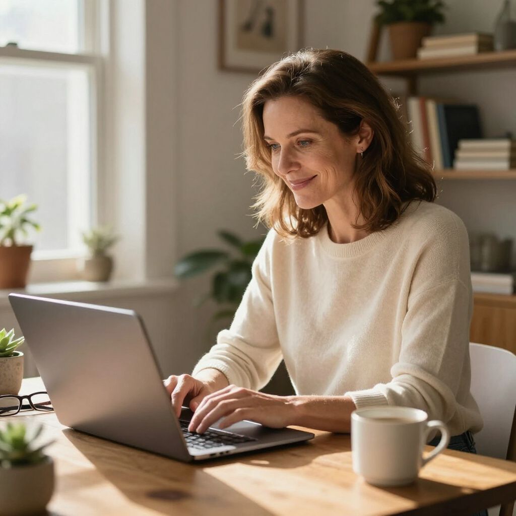 Woman typing on a laptop at a wooden table, smiling, with a coffee mug and window in the background.