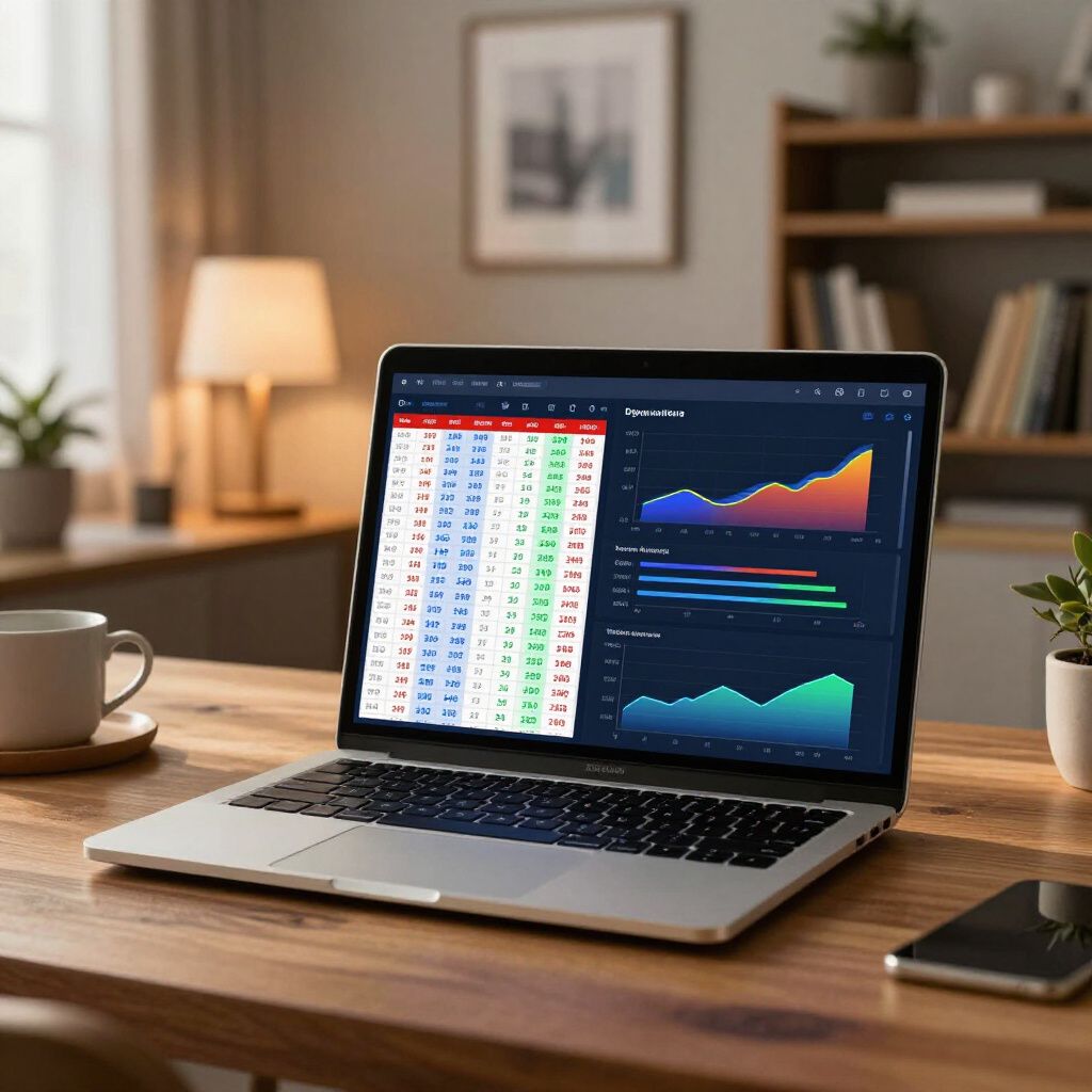 Laptop displaying stock charts and data on a wooden desk with a coffee mug, phone, and greenery.