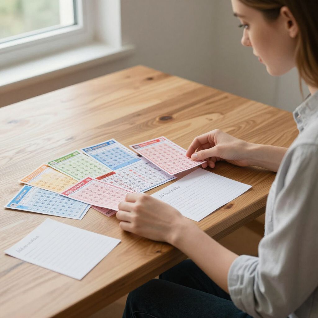Woman at a wooden table examines colorful calendar cards and a lined sheet of paper near a window.