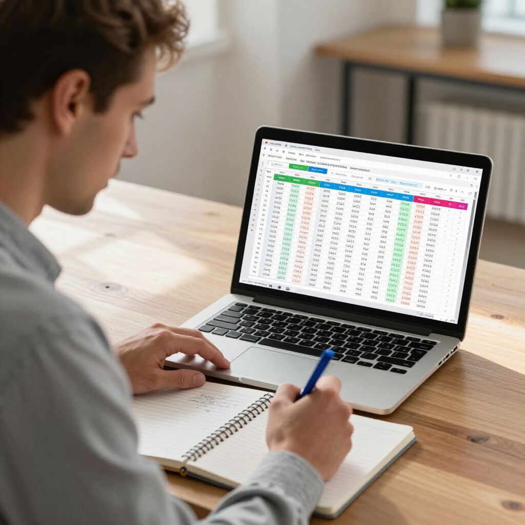 Man at desk, working on a spreadsheet with a laptop while taking notes.