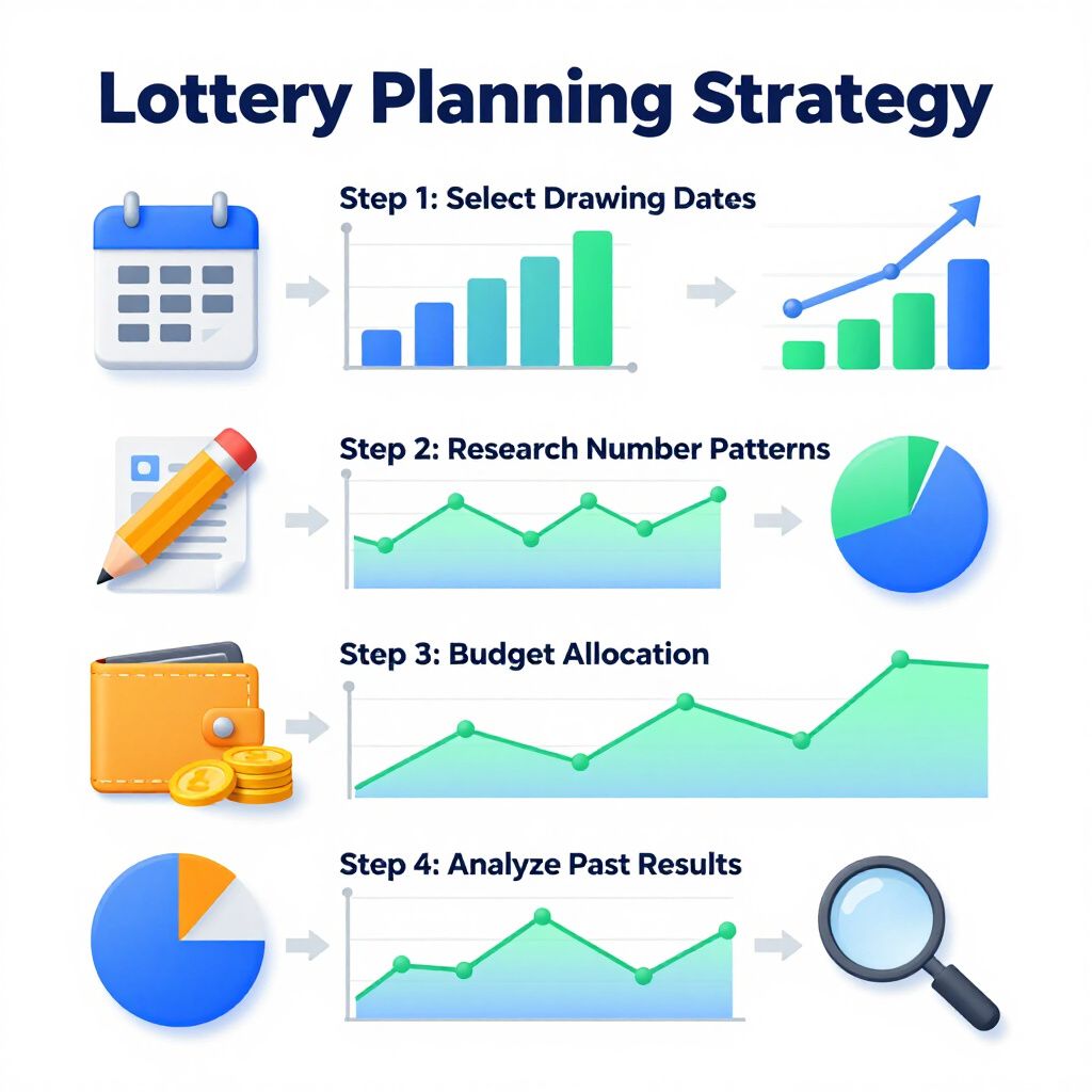Infographic outlining a lottery planning strategy: select dates, research patterns, budget, analyze results.