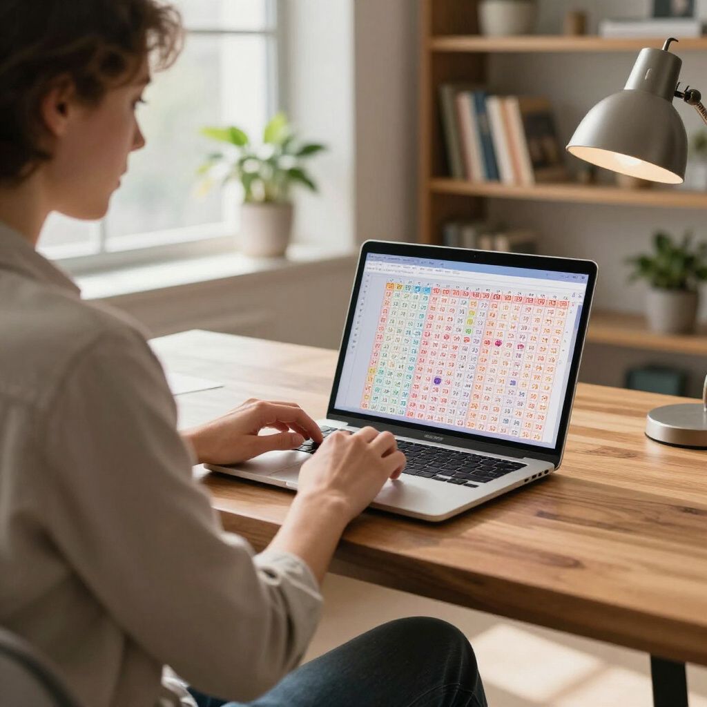 Person typing on laptop at wooden desk, looking at spreadsheet near a window. Lamp and books visible.