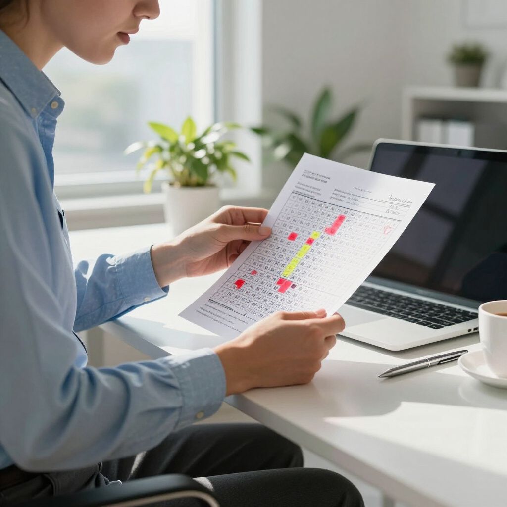 Woman in blue shirt reviews a document with highlighted sections at a desk with a laptop and coffee.