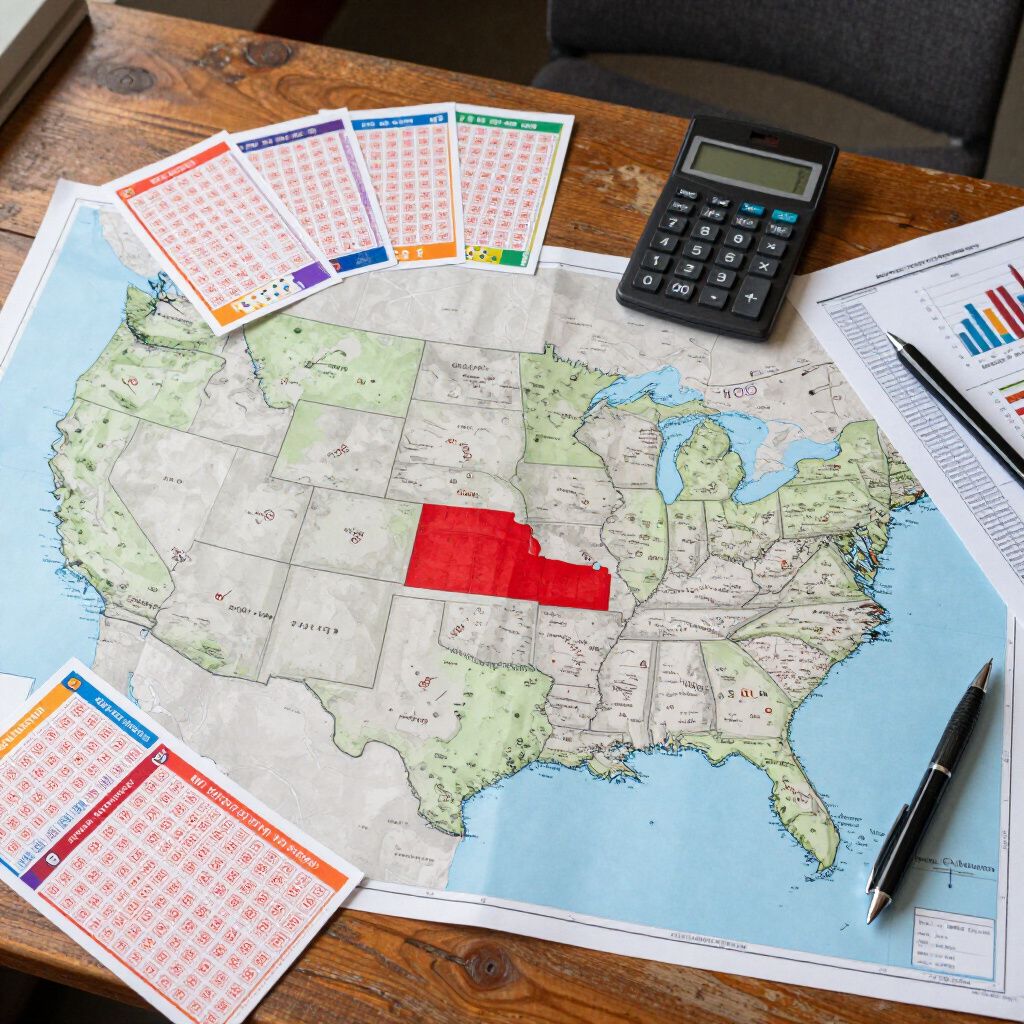 Map of the US with Nebraska highlighted, cards, calculator, and papers on a wooden surface.
