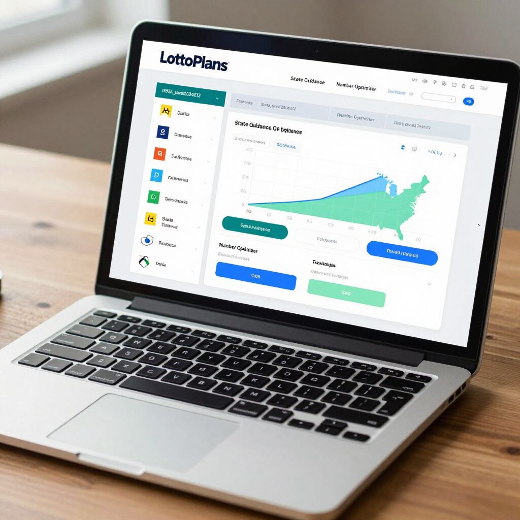 Laptop displaying a LottoPlans website interface with data visualizations and a map of the United States.