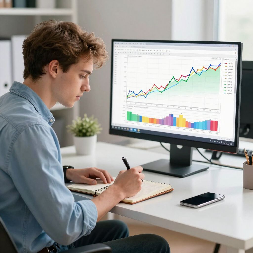 Man at desk, looking at graphs on a computer monitor, taking notes on a notepad with a pen.