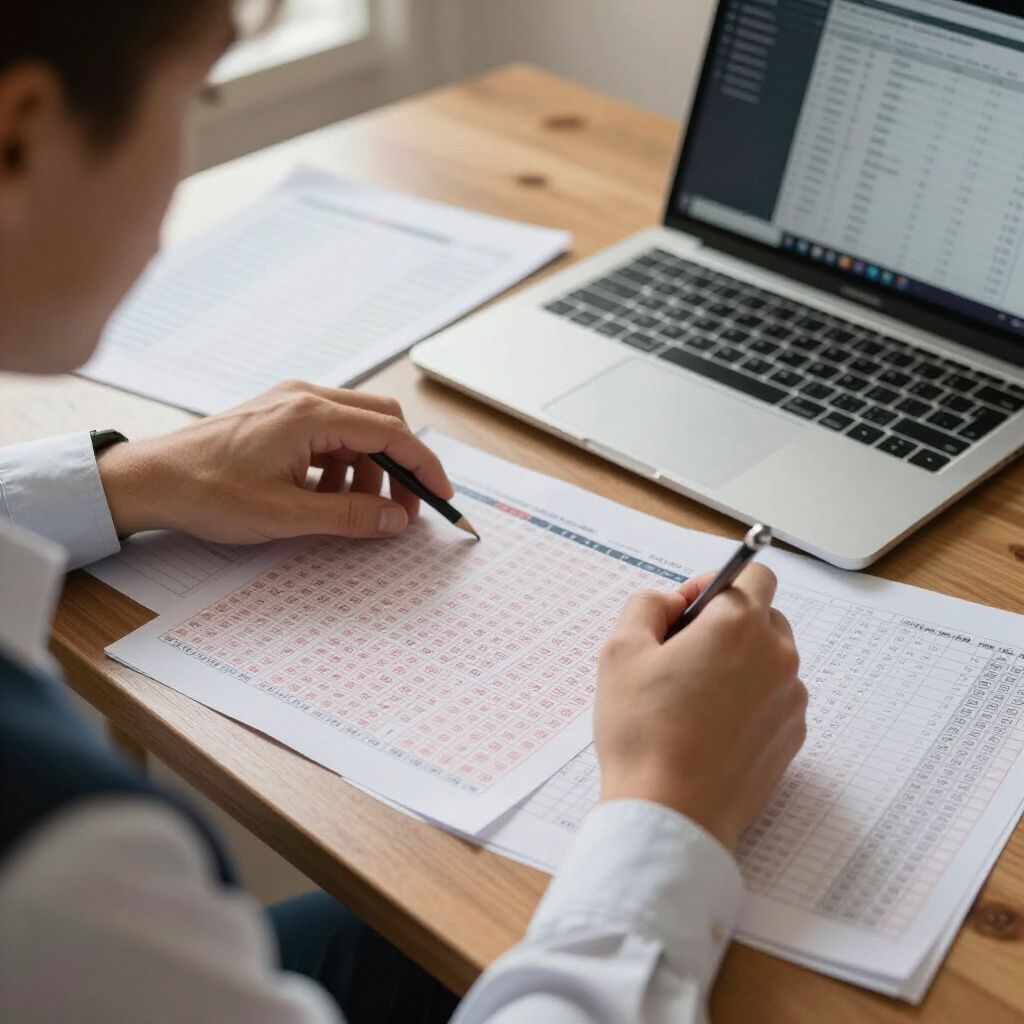 Person at desk filling out a test with pen, laptop and papers.