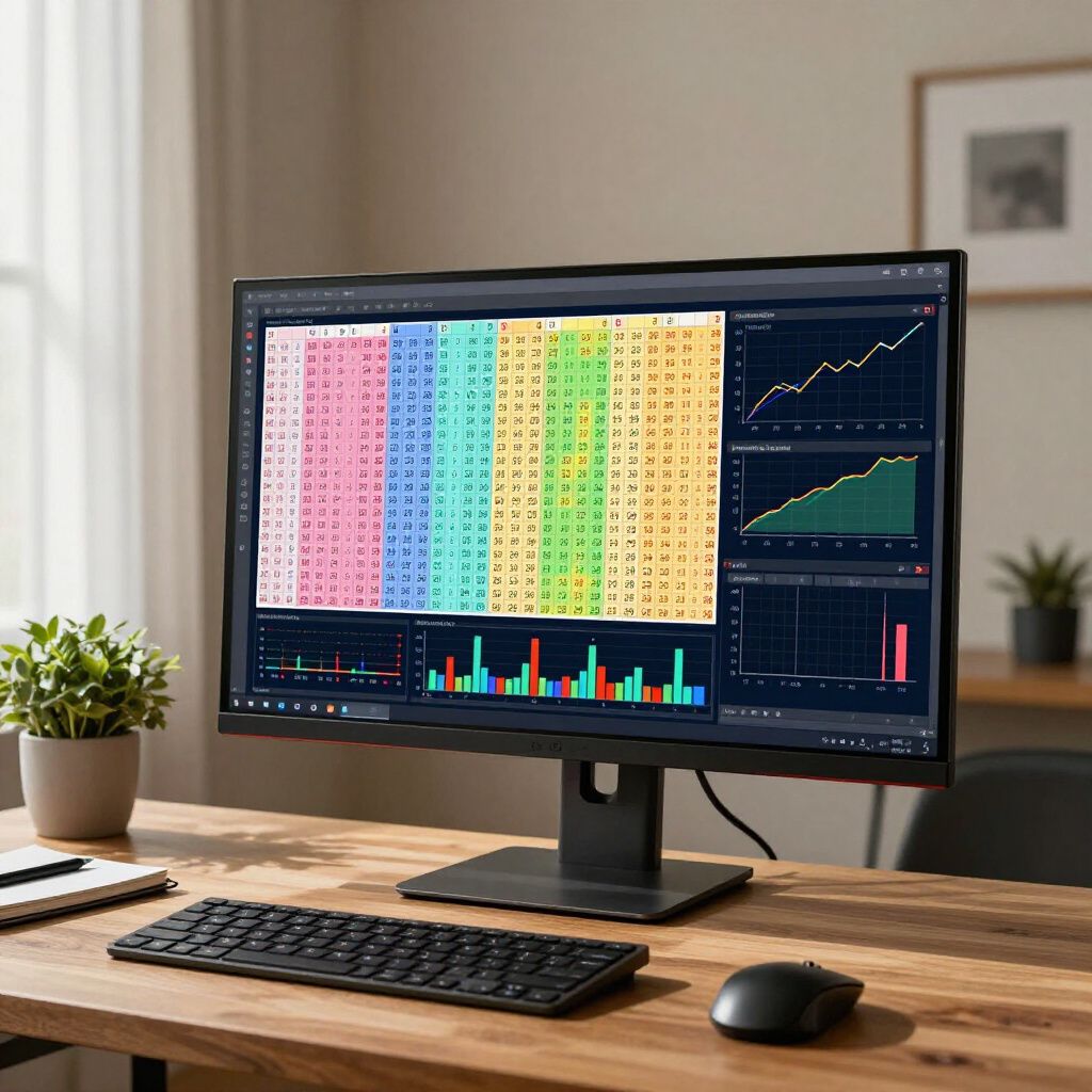A computer monitor displaying data visualizations and charts sits on a wooden desk with a keyboard and mouse.