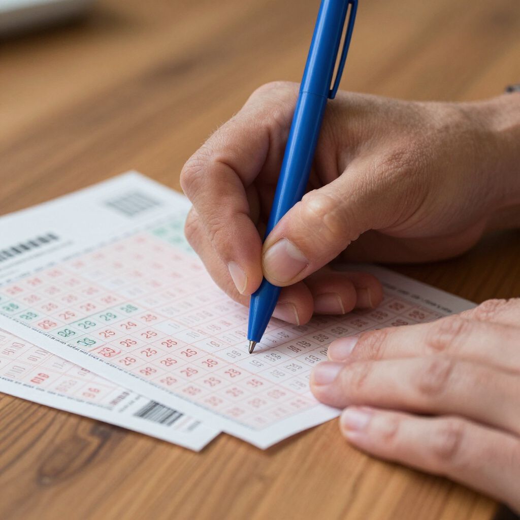 A hand with a blue pen filling out a lottery ticket on a wooden table.