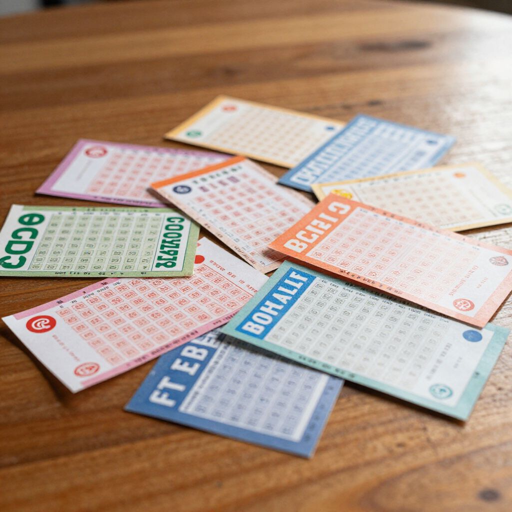 Pile of colorful raffle tickets on a wooden table. Each ticket has a different color and printed code.