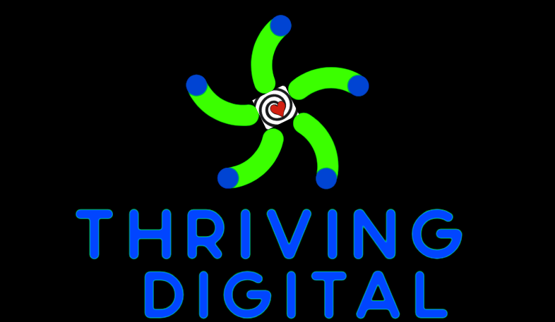 A logo for thriving digital with a green and blue star on a black background