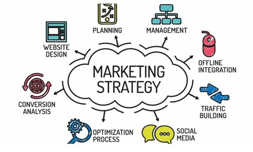 A person is writing the word marketing strategy on a piece of paper.
