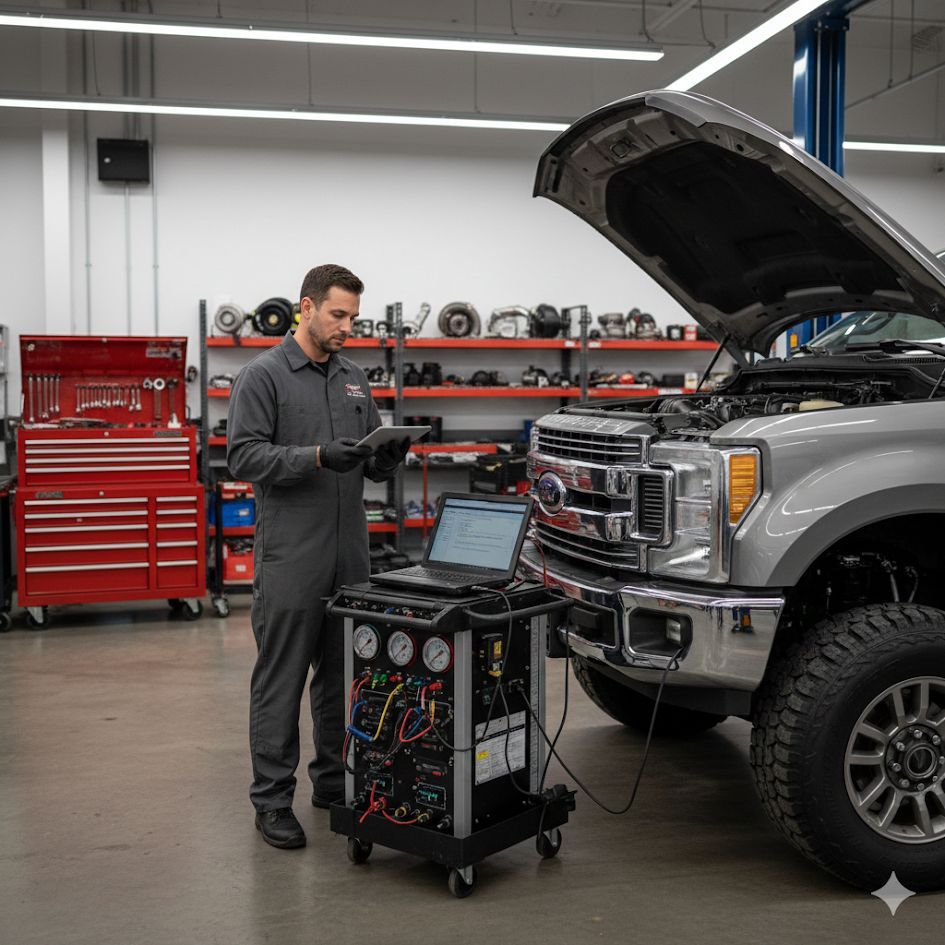 Mechanic using diagnostic equipment on a gray truck in a garage.