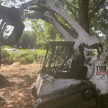 A bobcat t190 is sitting in the dirt next to a tree.