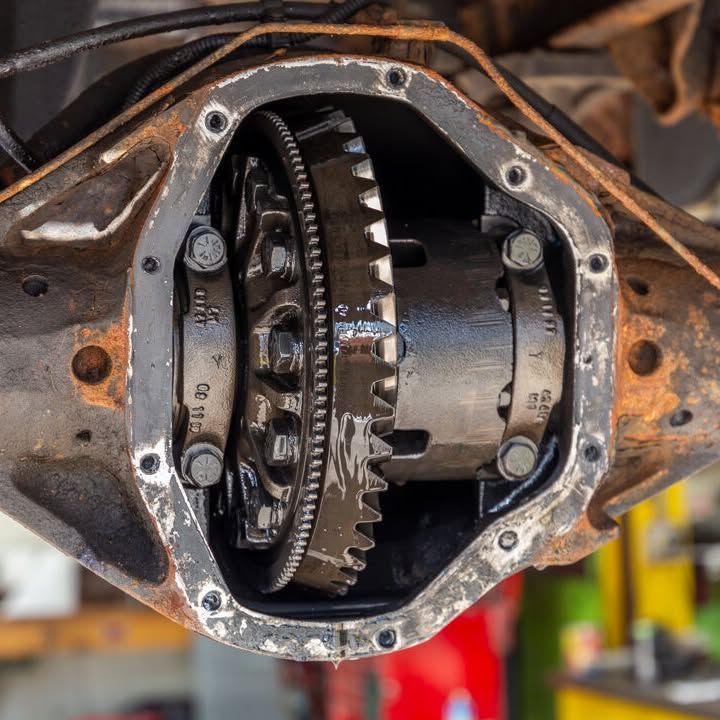 A close up of a rear differential on a truck.