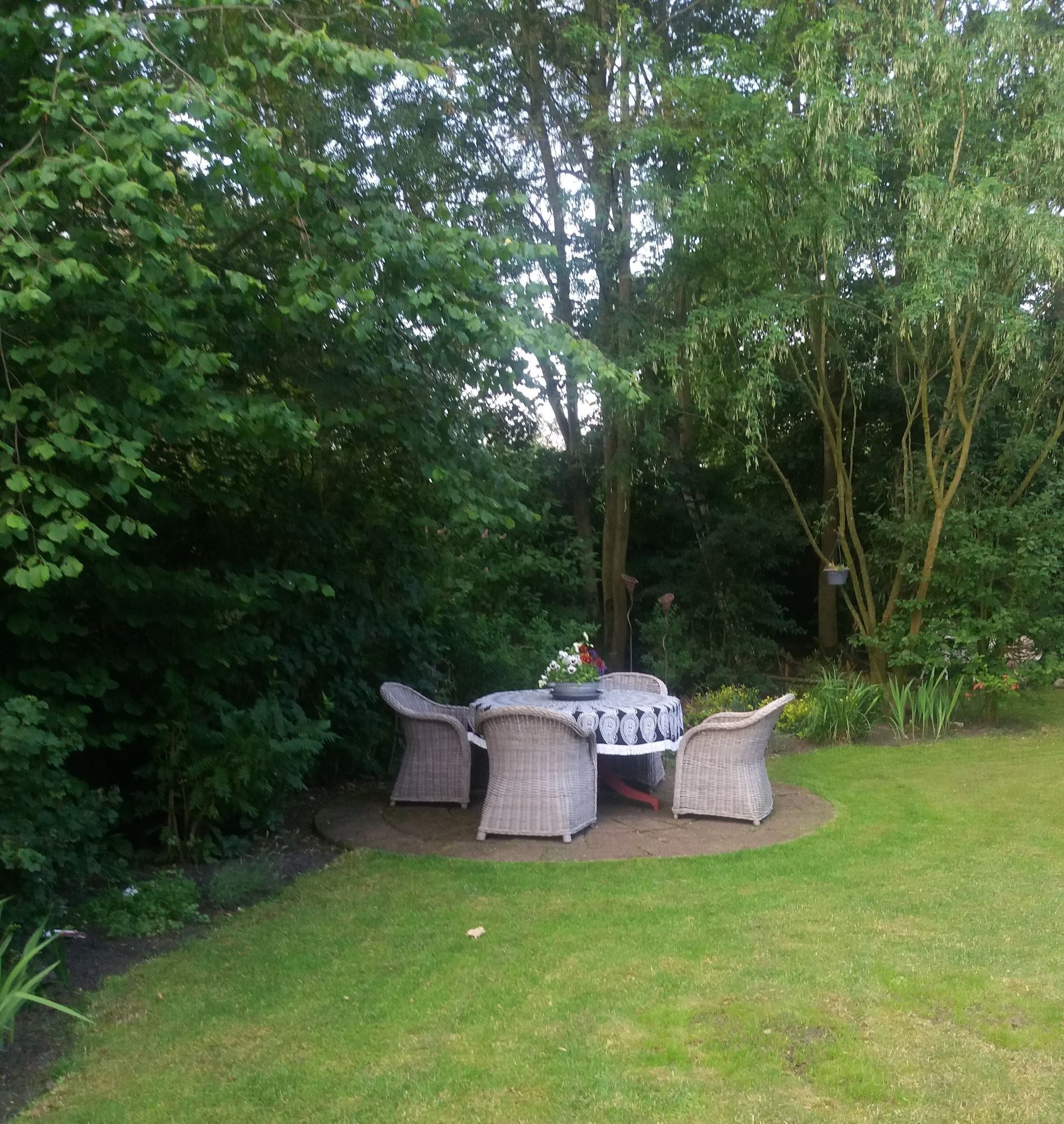 Terrastafel met rieten stoelen op een houten terras in een weelderige groene tuin.