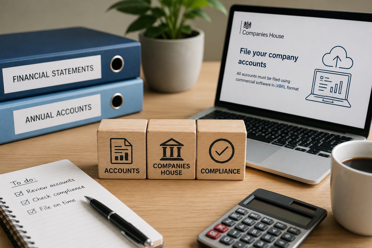 Desk with financial records, laptop, calculator, and labeled boxes for accounts, company, and compliance.
