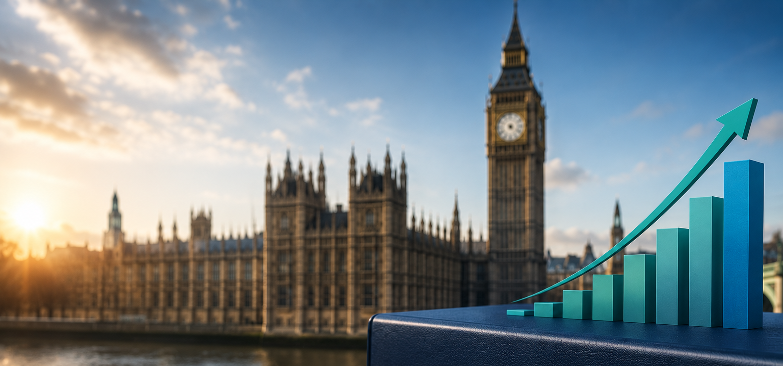 Houses of Parliament beside a rising blue growth chart with an upward arrow