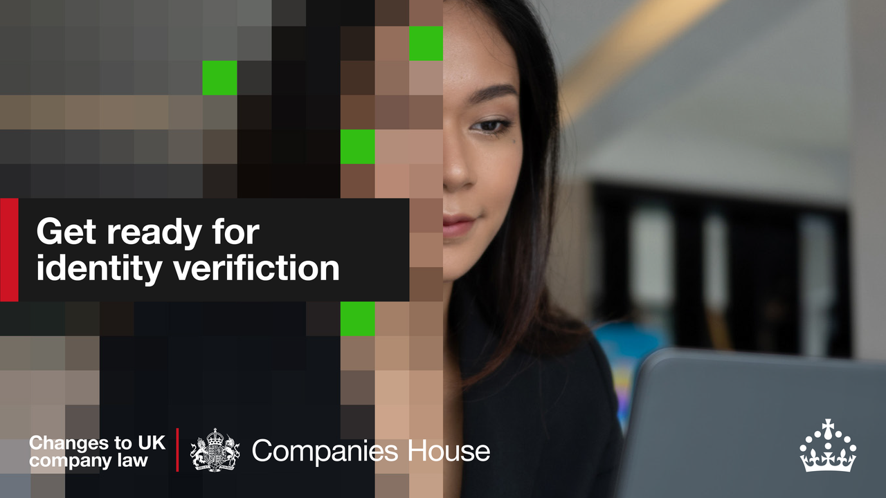 Woman using a laptop, partially pixelated to obscure her face. Text: 