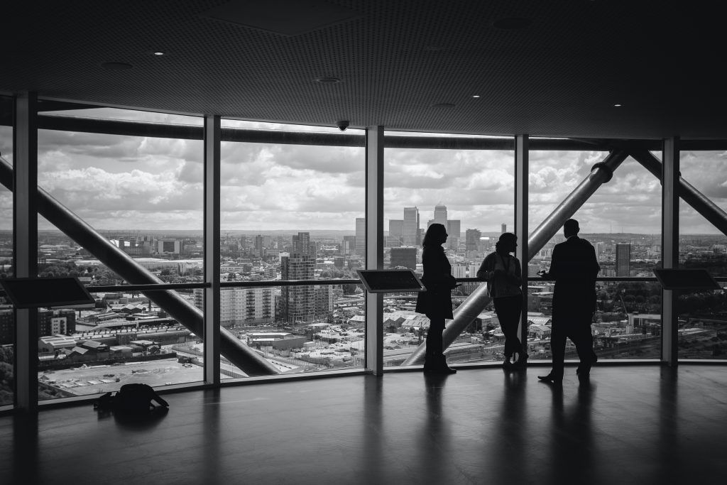 View across London skyline from inside an office building
