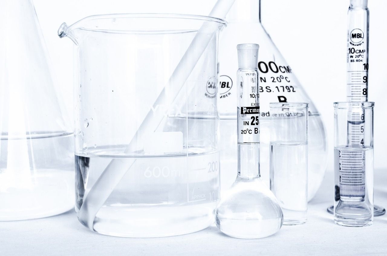 Chemicals with test tubes and beakers