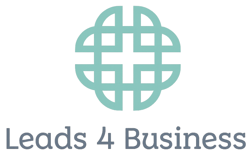Leads 4 Business logo with teal globe icon and gray text on white background