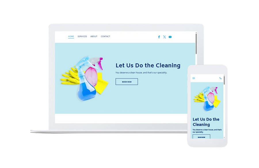 Laptop and phone showing a cleaning service website with pastel blue design and colorful cleaning tools.