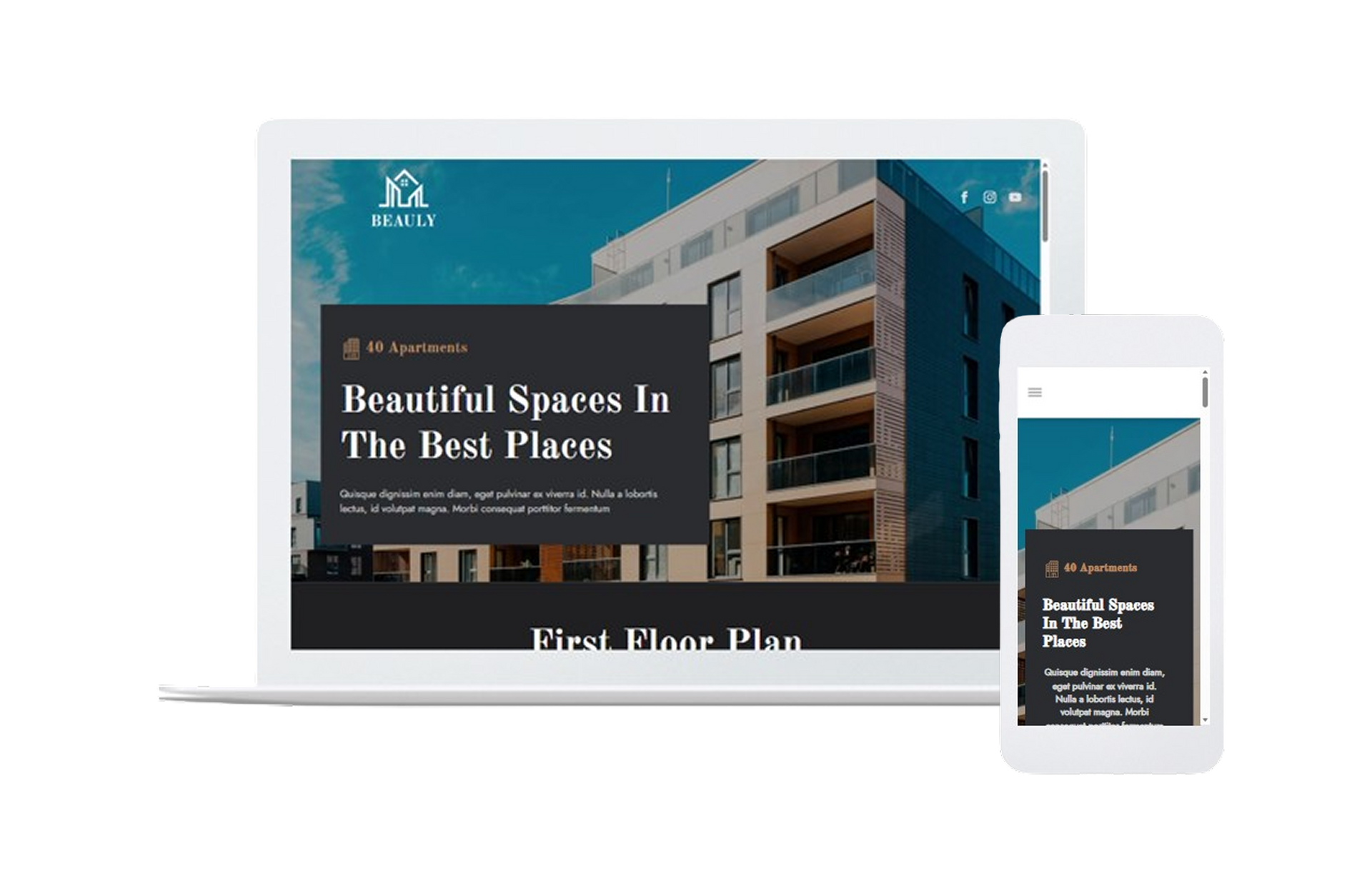 Website mockup shown on laptop and smartphone, featuring a modern building and “Beautiful Spaces” text