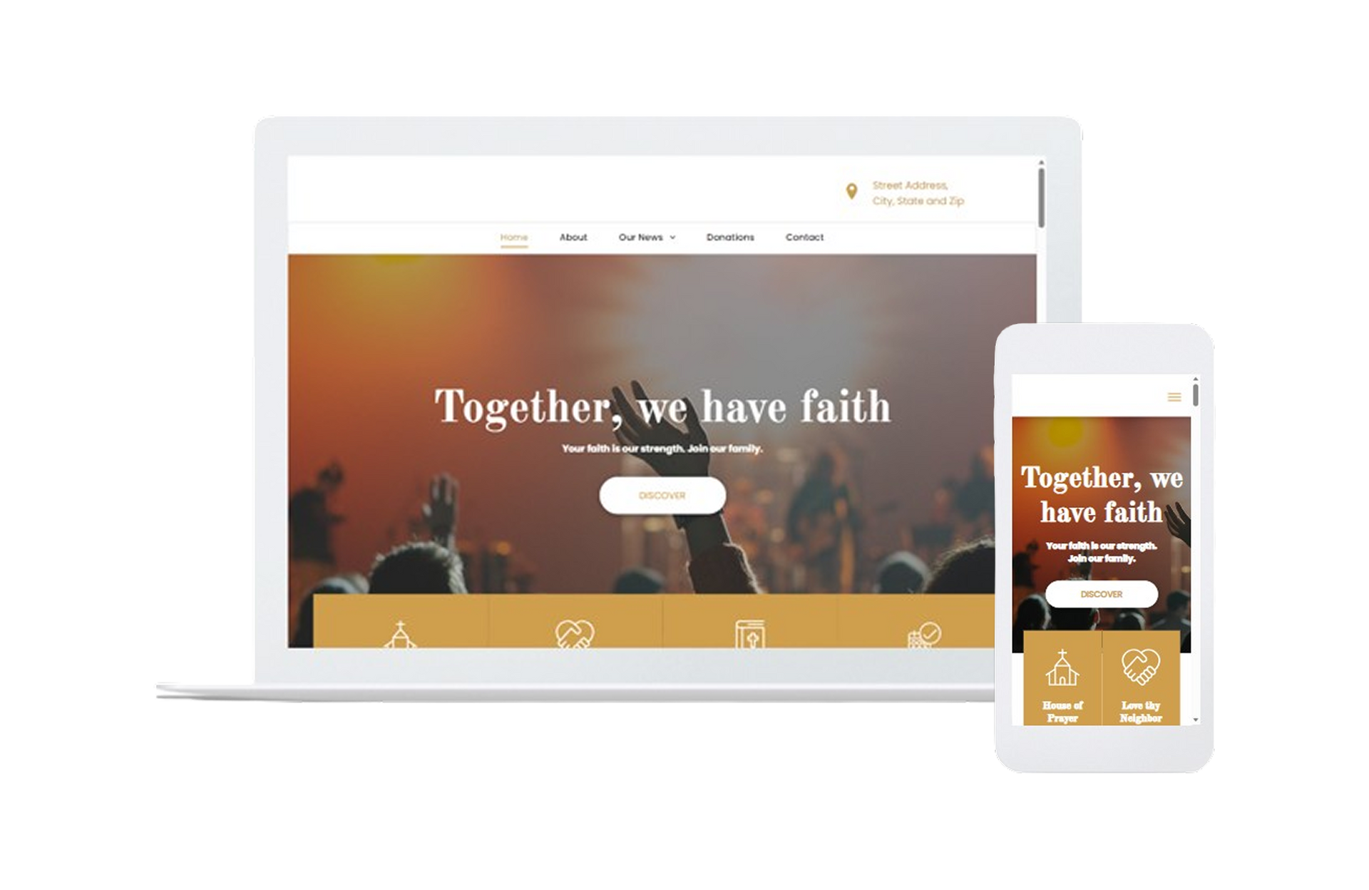 Responsive church website shown on laptop and phone with the message “Together, we have faith”