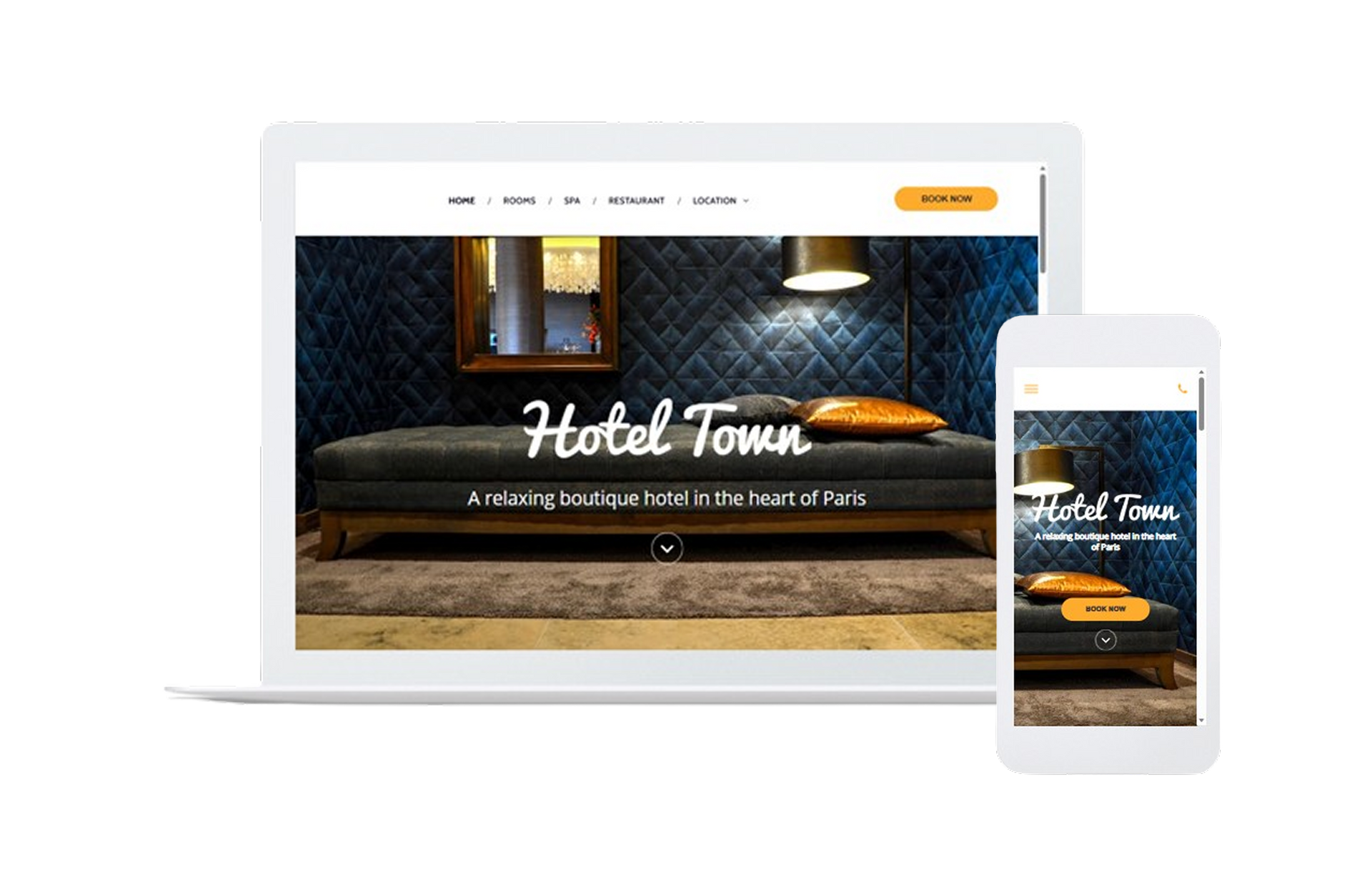 Hotel Town website displayed on a laptop and smartphone, with a bed and warm interior background