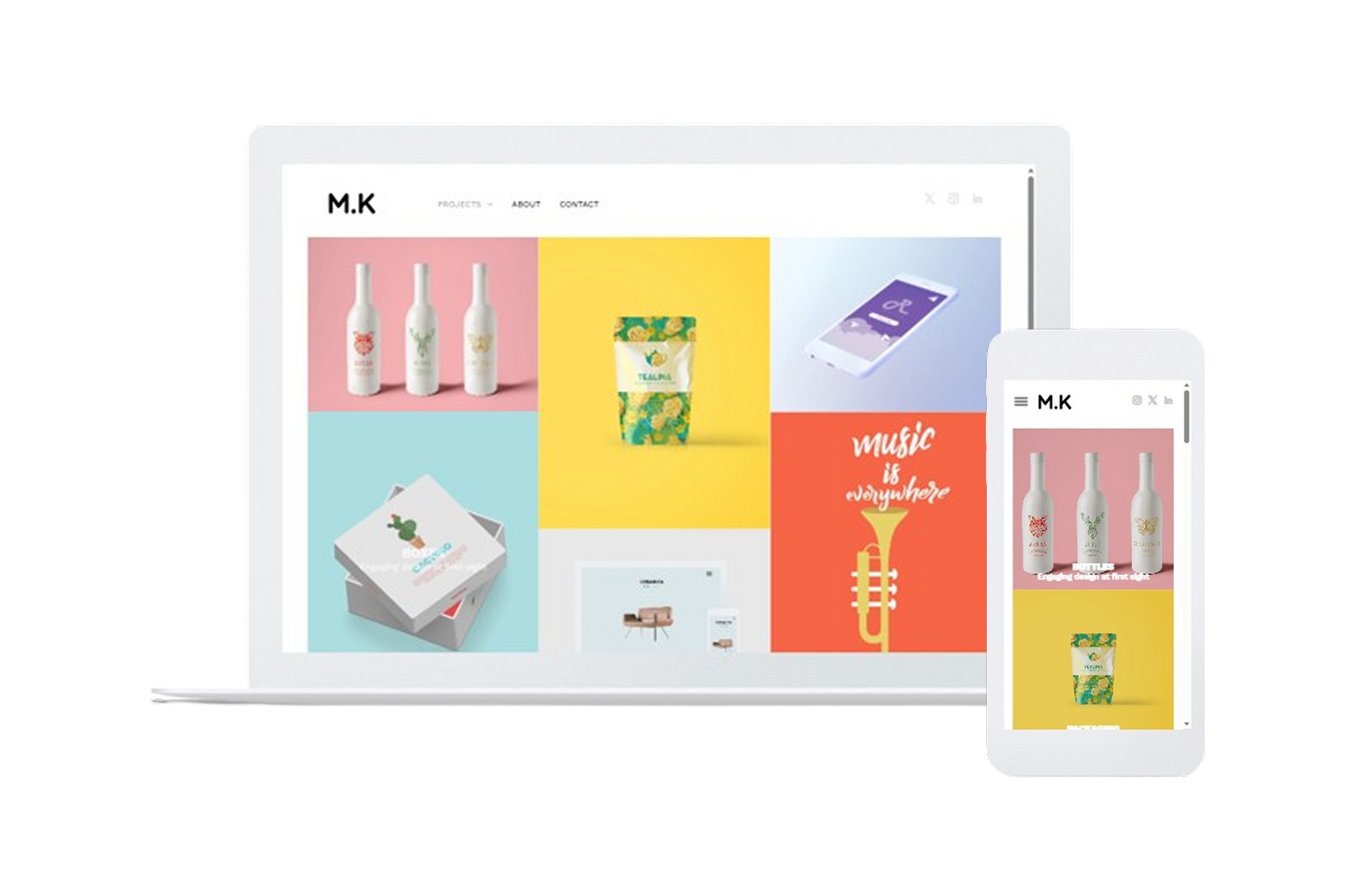 Laptop and phone displaying a colorful product grid on a clean white website interface