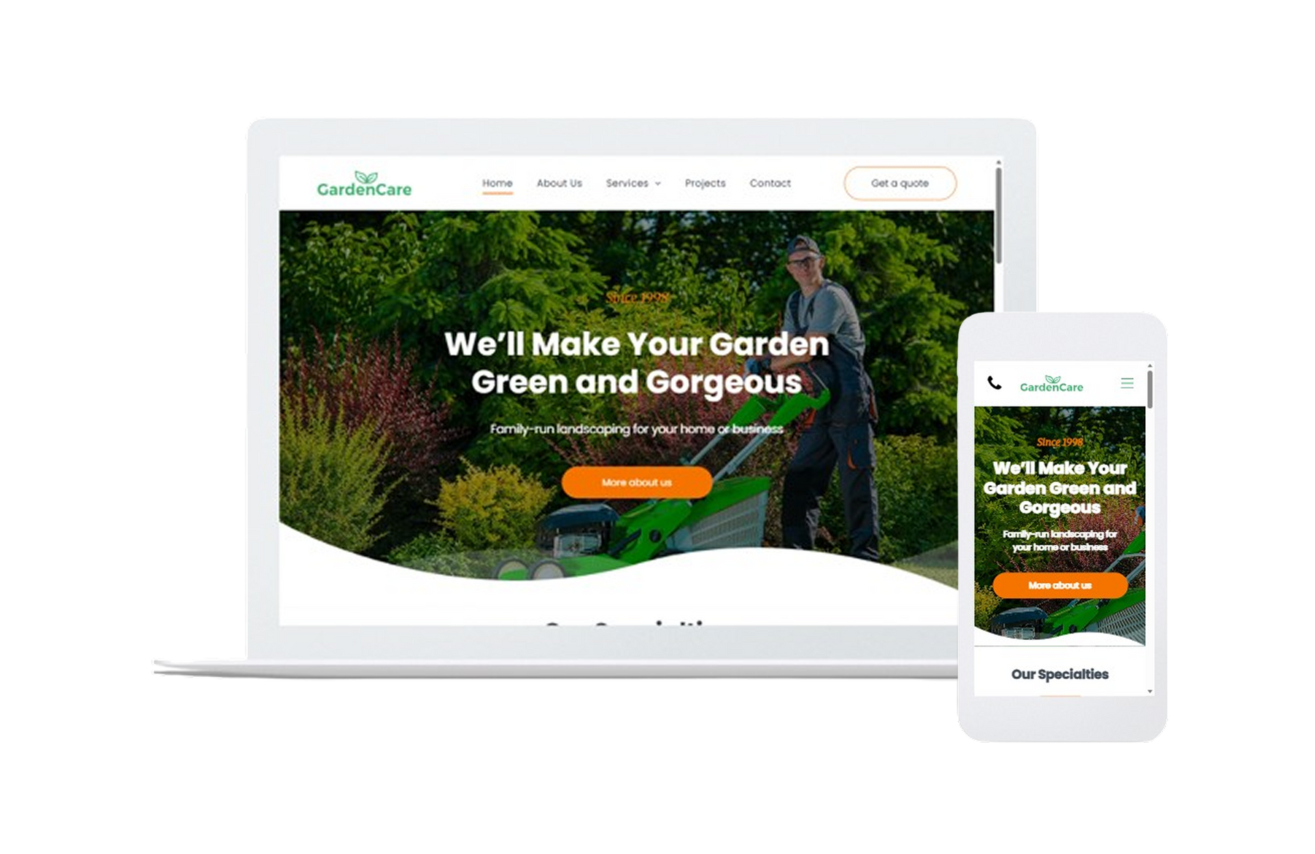 Website mockup on laptop and phone showing a green landscaping service homepage with garden photo and headline.