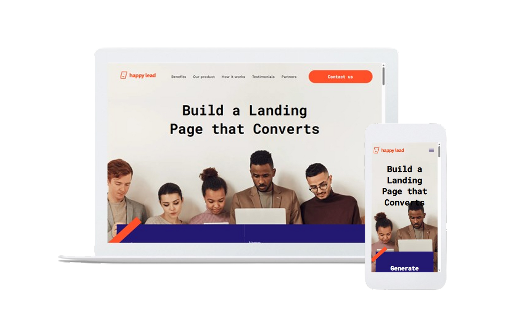Laptop and phone mockup showing a landing page design with the text “Build a Landing Page that Converts”