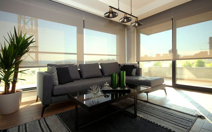 a living room with a couch and a coffee table