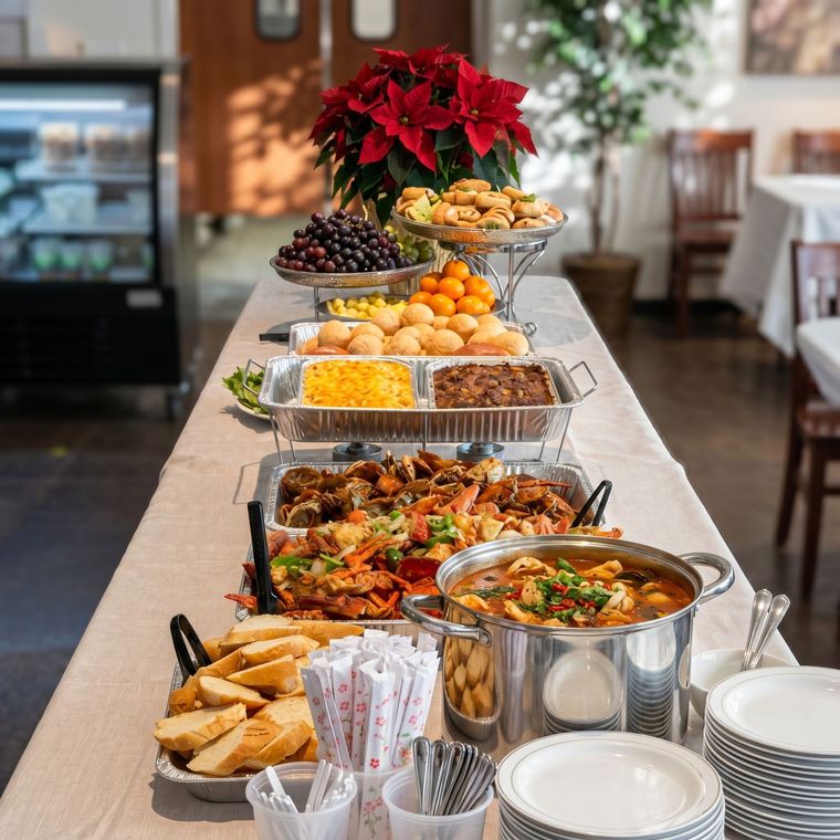 Buffet table with holiday dishes, fruit trays, and poinsettias in a bright dining room